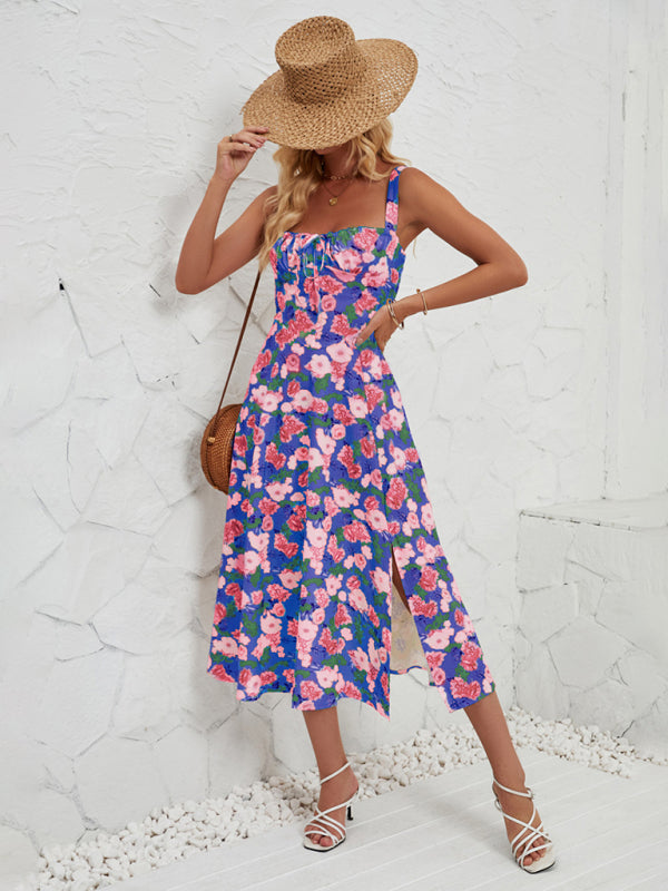 Rosa - Floral Print Midi Dress with Square Neckline and Front Tie Detail