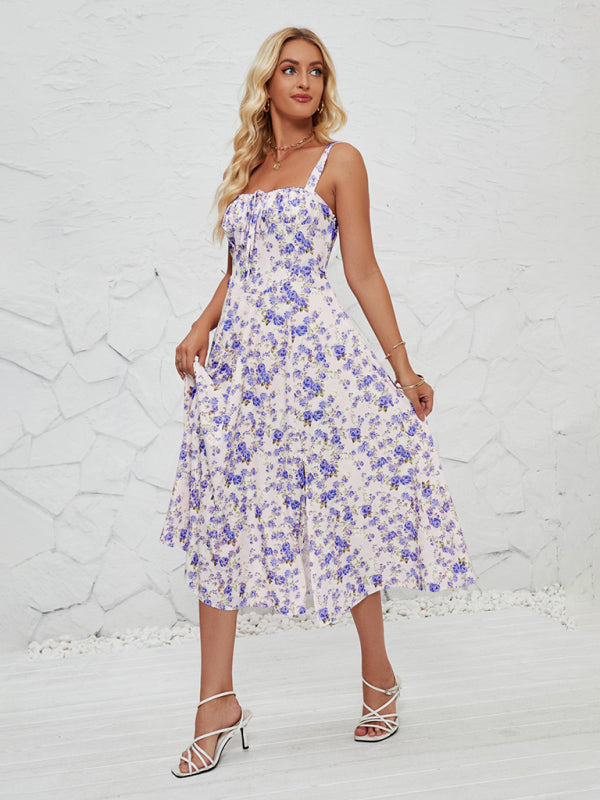 Rosa - Floral Print Midi Dress with Square Neckline and Front Tie Detail