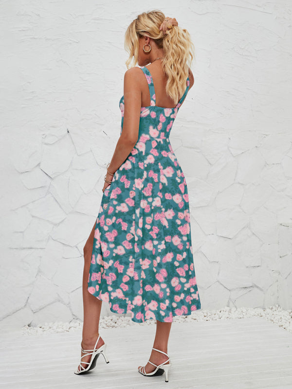 Rosa - Floral Print Midi Dress with Square Neckline and Front Tie Detail