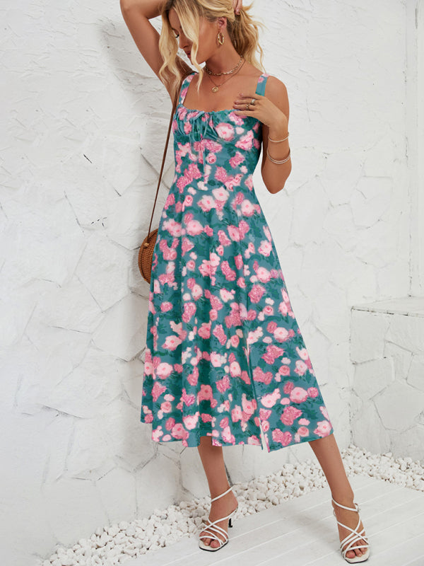 Rosa - Floral Print Midi Dress with Square Neckline and Front Tie Detail