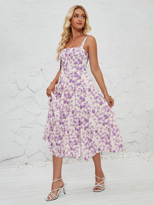 Rosa - Floral Print Midi Dress with Square Neckline and Front Tie Detail