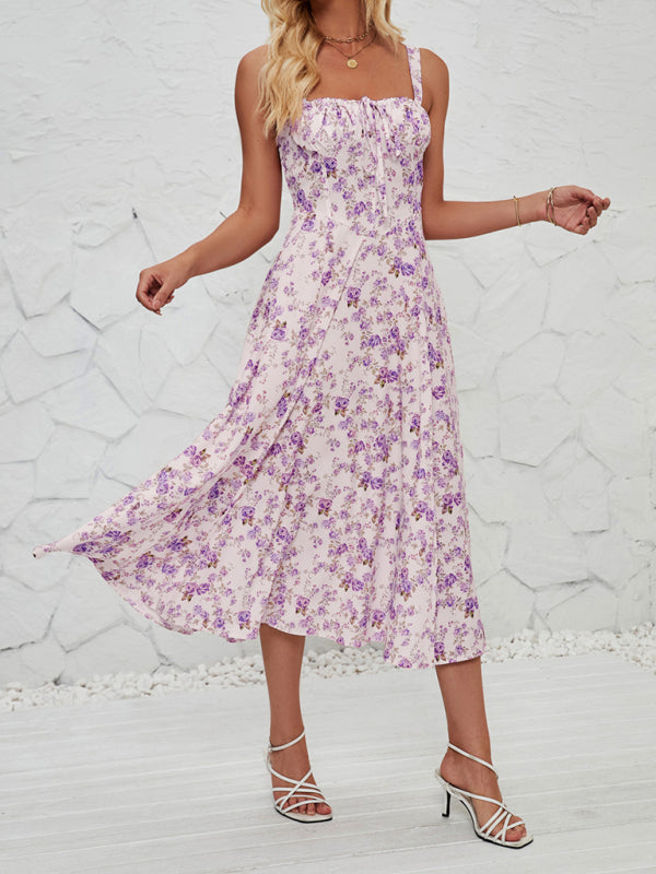 Rosa - Floral Print Midi Dress with Square Neckline and Front Tie Detail