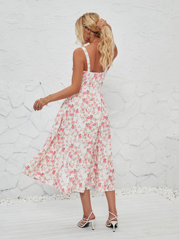 Rosa - Floral Print Midi Dress with Square Neckline and Front Tie Detail