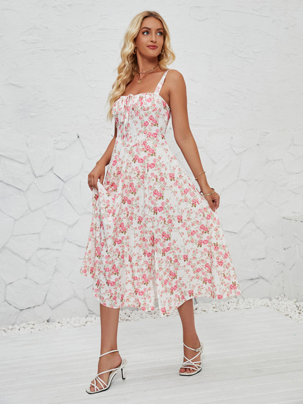 Rosa - Floral Print Midi Dress with Square Neckline and Front Tie Detail