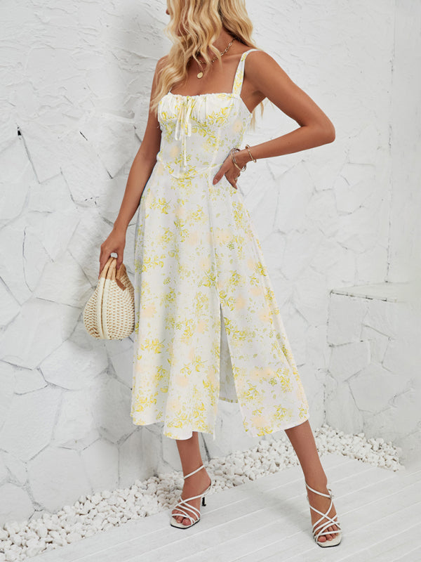 Rosa - Floral Print Midi Dress with Square Neckline and Front Tie Detail