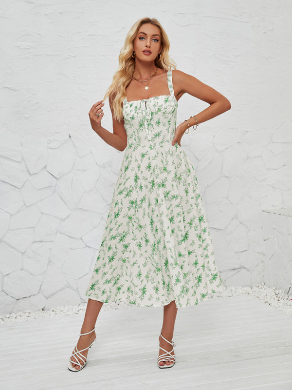 Rosa - Floral Print Midi Dress with Square Neckline and Front Tie Detail