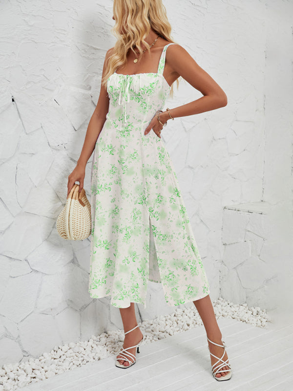 Rosa - Floral Print Midi Dress with Square Neckline and Front Tie Detail