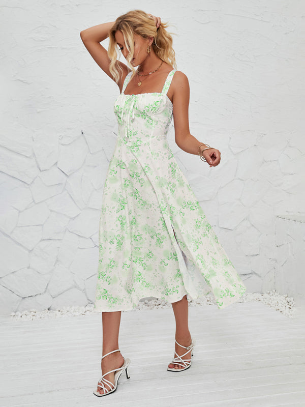 Rosa - Floral Print Midi Dress with Square Neckline and Front Tie Detail