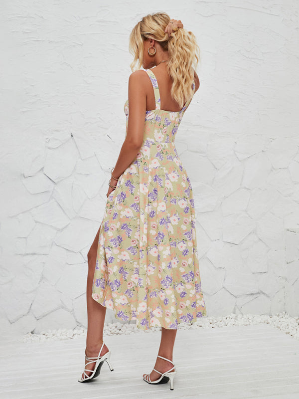 Rosa - Floral Print Midi Dress with Square Neckline and Front Tie Detail