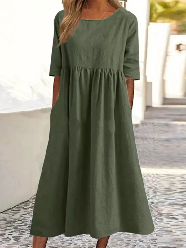 Cheyenne - Round Neck Midi Dress with Gathered Waist