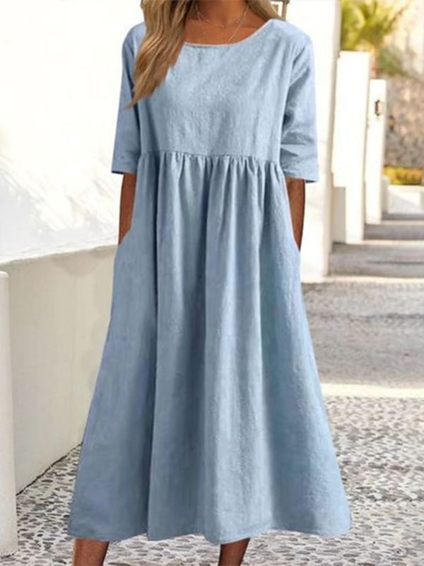 Cheyenne - Round Neck Midi Dress with Gathered Waist