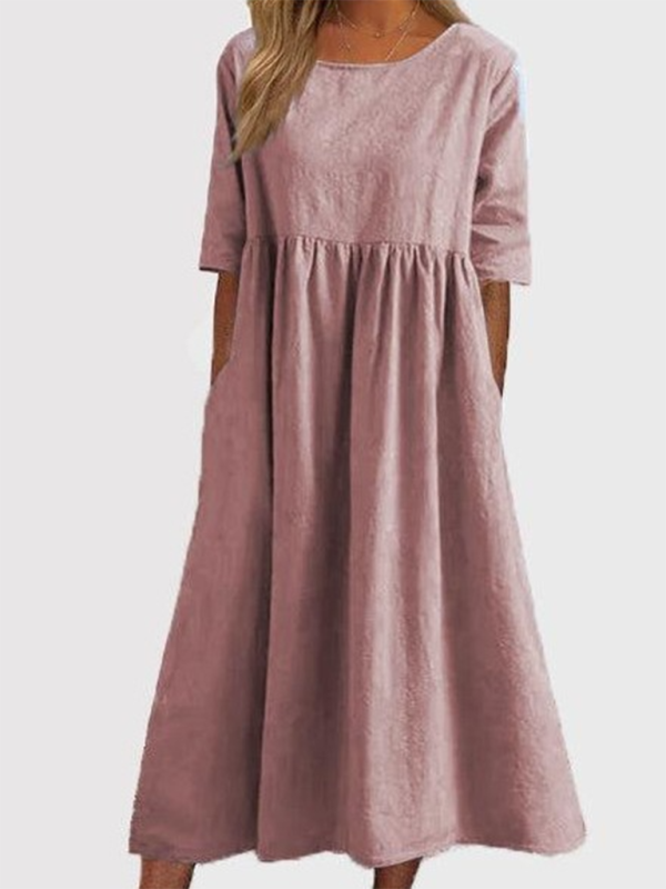 Cheyenne - Round Neck Midi Dress with Gathered Waist