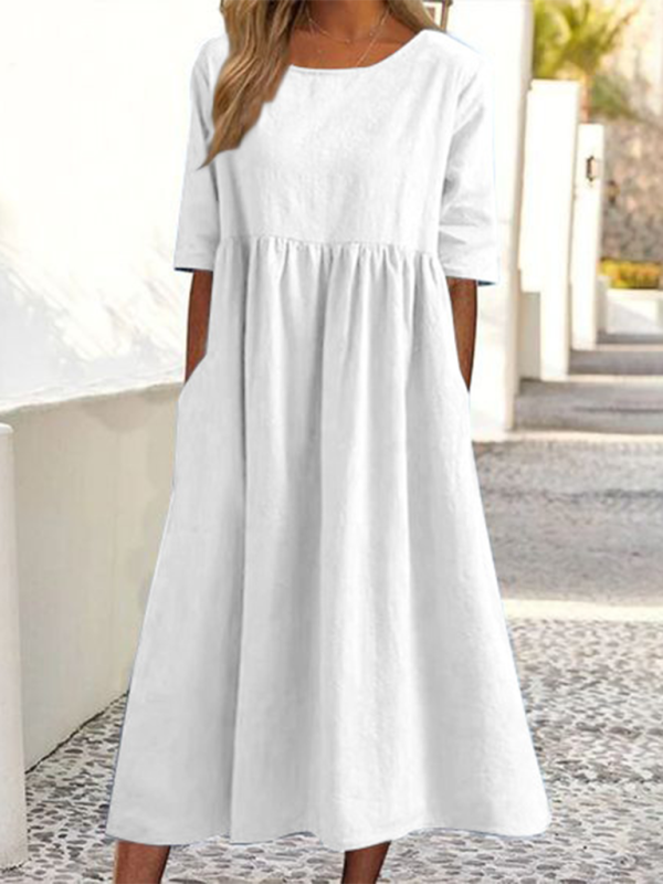 Cheyenne - Round Neck Midi Dress with Gathered Waist