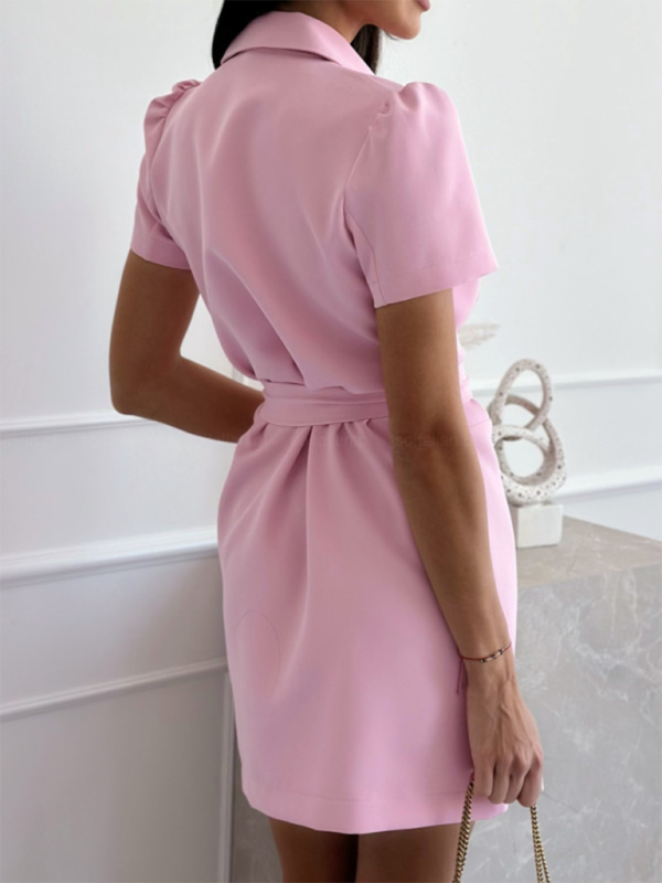 Eliza - Double-Breasted Knee-Length Dress with Suit Collar and Belted Waist