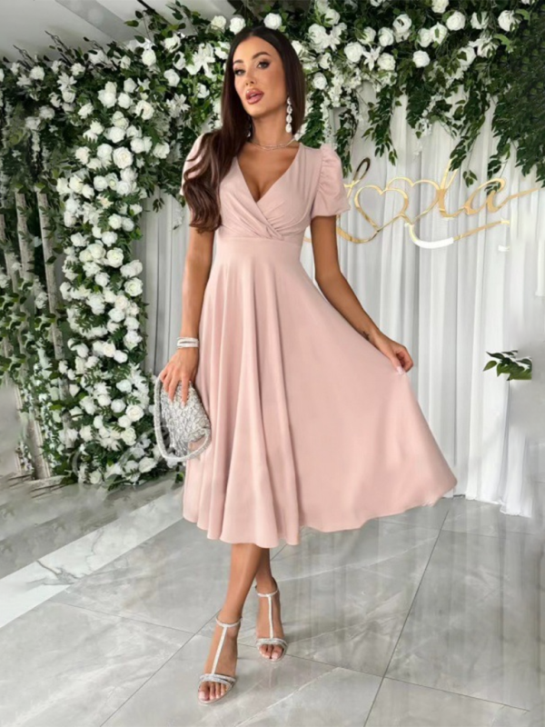 Sarah - V-Neck Swing Dress with Puff Sleeves and Fitted Waist