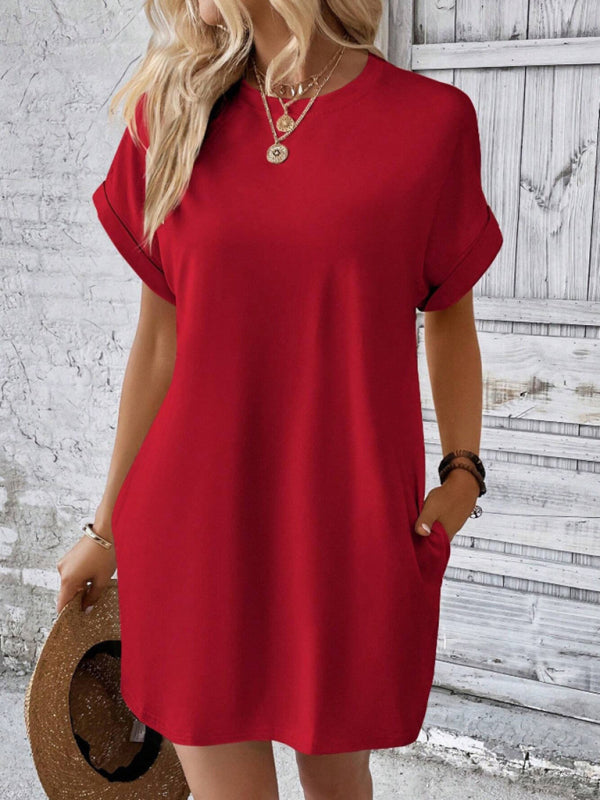 Aspen - Loose Fit Pocket Dress with Round Neck and Short Sleeves