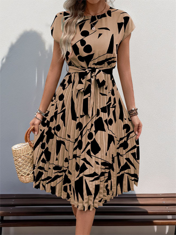 Valentina - Geometric Pattern Pleated Dress with Belted Waist