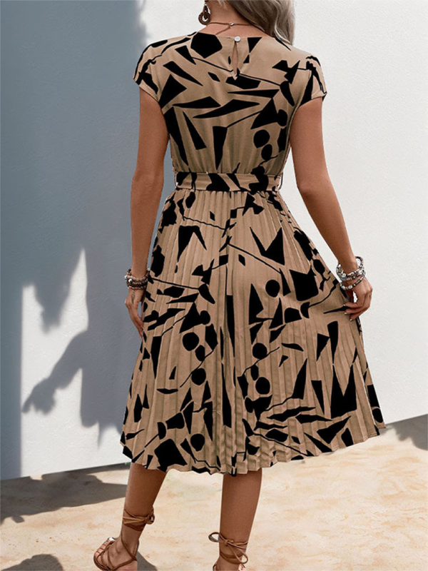 Valentina - Geometric Pattern Pleated Dress with Belted Waist