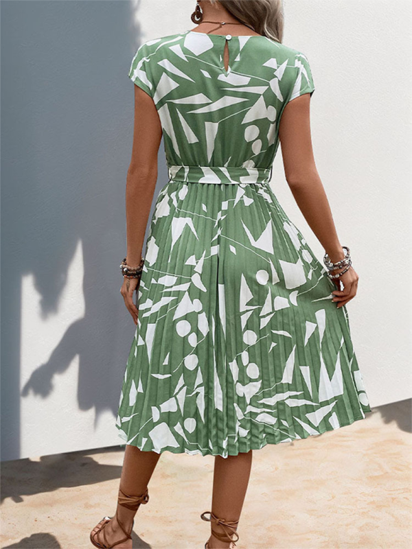 Valentina - Geometric Pattern Pleated Dress with Belted Waist