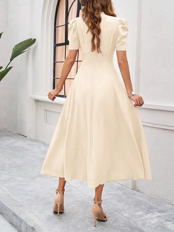 Cecily - V-Neck Midi Dress with Puff Sleeves and Ruched Waist