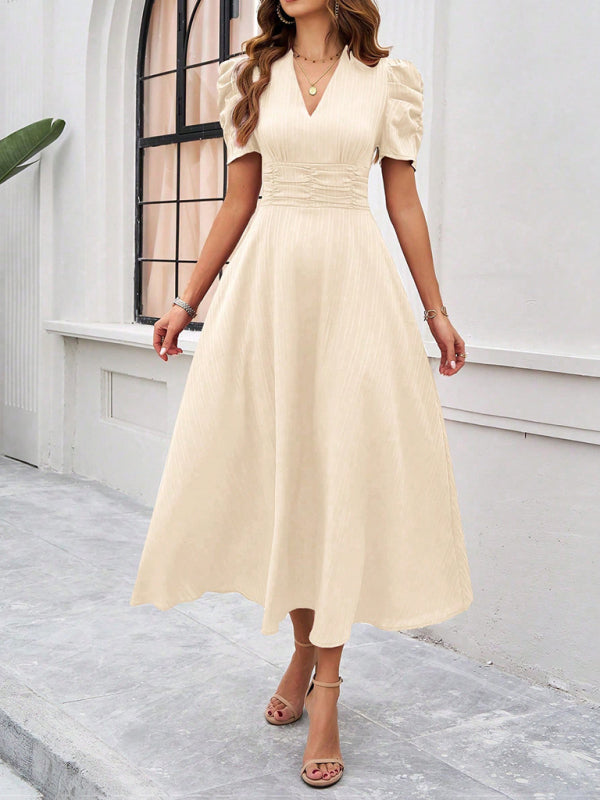 Cecily - V-Neck Midi Dress with Puff Sleeves and Ruched Waist