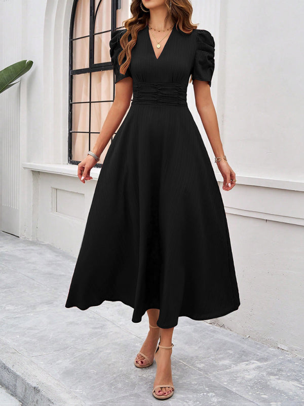 Cecily - V-Neck Midi Dress with Puff Sleeves and Ruched Waist