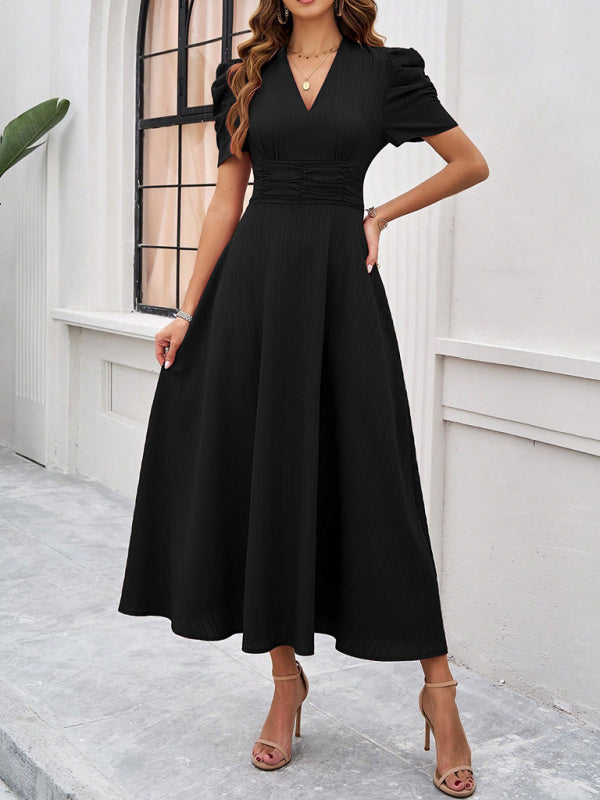 Cecily - V-Neck Midi Dress with Puff Sleeves and Ruched Waist