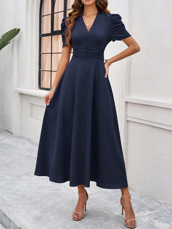 Cecily - V-Neck Midi Dress with Puff Sleeves and Ruched Waist