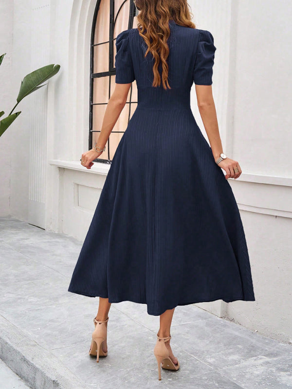 Cecily - V-Neck Midi Dress with Puff Sleeves and Ruched Waist