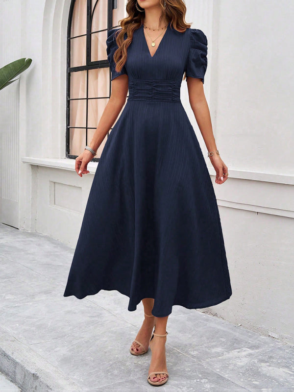 Cecily - V-Neck Midi Dress with Puff Sleeves and Ruched Waist