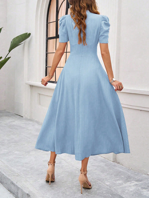 Cecily - V-Neck Midi Dress with Puff Sleeves and Ruched Waist