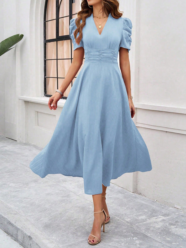 Cecily - V-Neck Midi Dress with Puff Sleeves and Ruched Waist