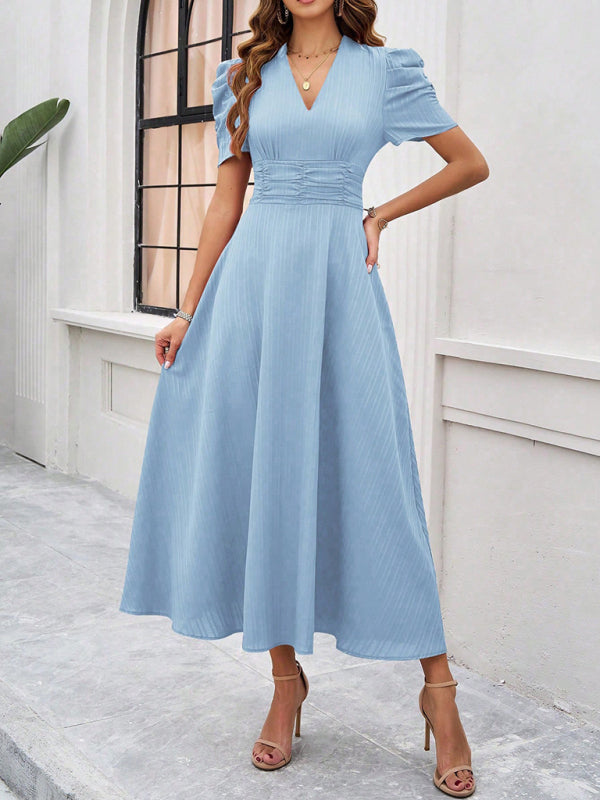 Cecily - V-Neck Midi Dress with Puff Sleeves and Ruched Waist