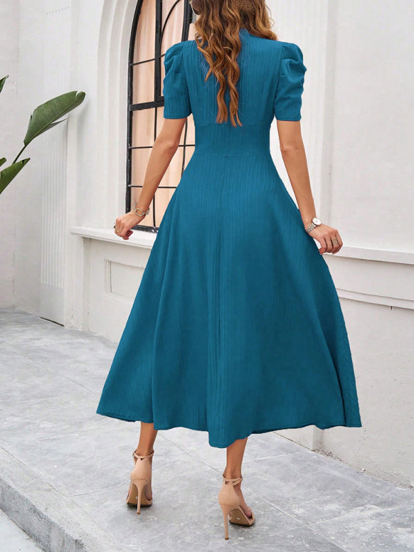 Cecily - V-Neck Midi Dress with Puff Sleeves and Ruched Waist