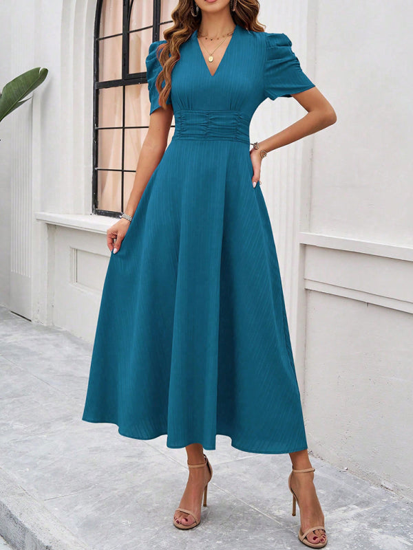 Cecily - V-Neck Midi Dress with Puff Sleeves and Ruched Waist