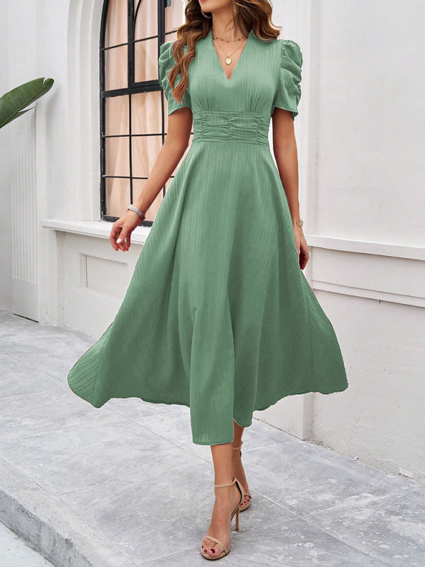 Cecily - V-Neck Midi Dress with Puff Sleeves and Ruched Waist