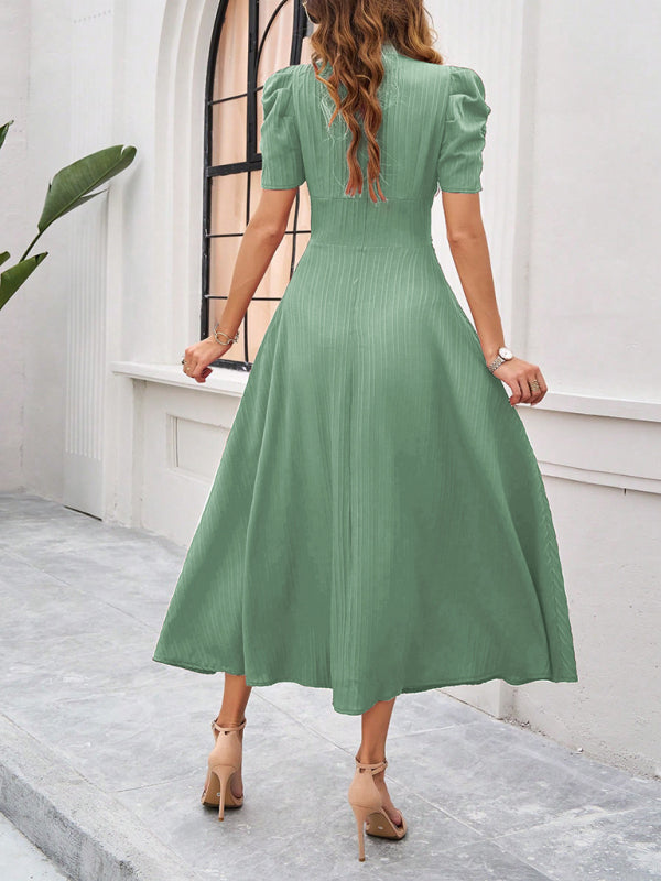 Cecily - V-Neck Midi Dress with Puff Sleeves and Ruched Waist