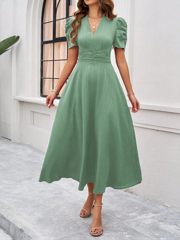 Cecily - V-Neck Midi Dress with Puff Sleeves and Ruched Waist