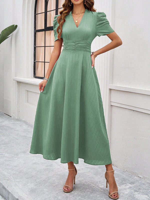 Cecily - V-Neck Midi Dress with Puff Sleeves and Ruched Waist