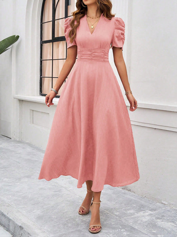 Cecily - V-Neck Midi Dress with Puff Sleeves and Ruched Waist