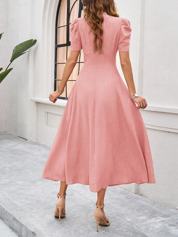 Cecily - V-Neck Midi Dress with Puff Sleeves and Ruched Waist