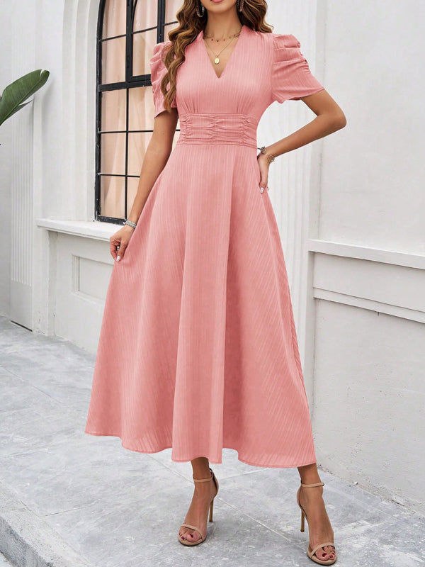 Cecily - V-Neck Midi Dress with Puff Sleeves and Ruched Waist