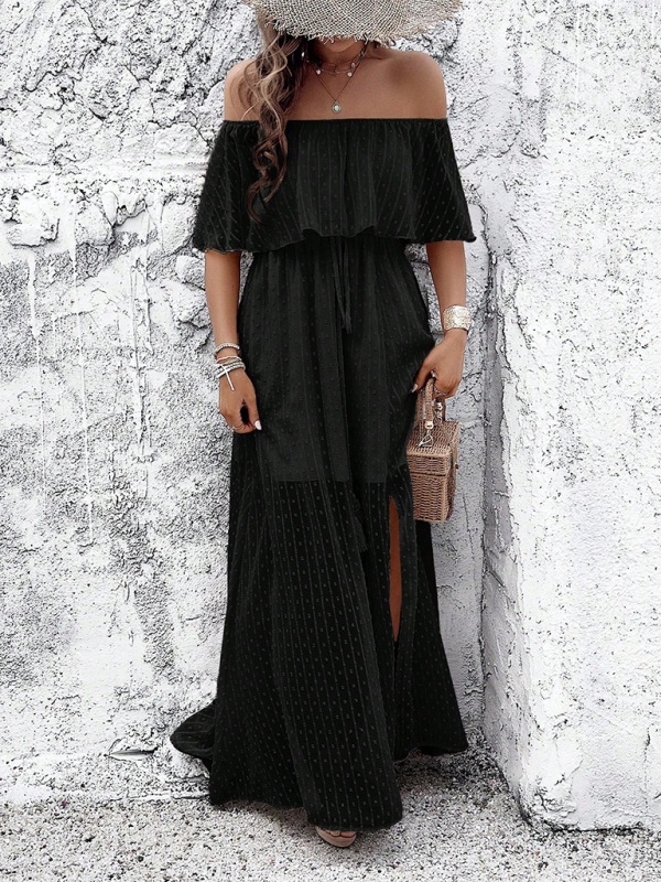 Mia - Off-Shoulder Maxi Dress with Polka Dot Print and High Slit