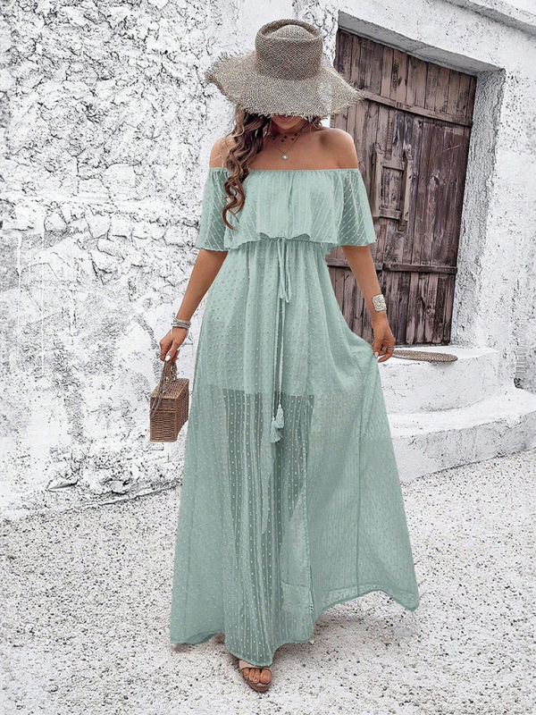 Mia - Off-Shoulder Maxi Dress with Polka Dot Print and High Slit