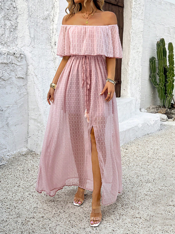 Mia - Off-Shoulder Maxi Dress with Polka Dot Print and High Slit