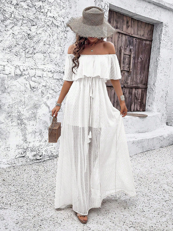 Mia - Off-Shoulder Maxi Dress with Polka Dot Print and High Slit