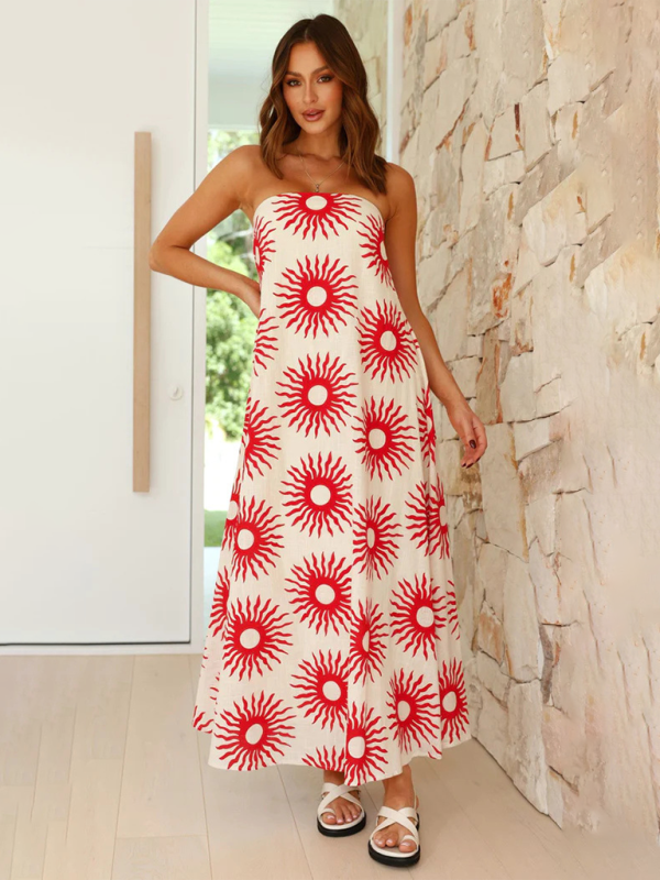 Stella - Tropical Print Strapless Maxi Dress with Flowy Design