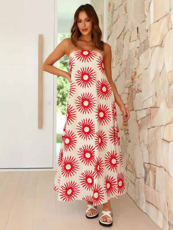 Stella - Tropical Print Strapless Maxi Dress with Flowy Design