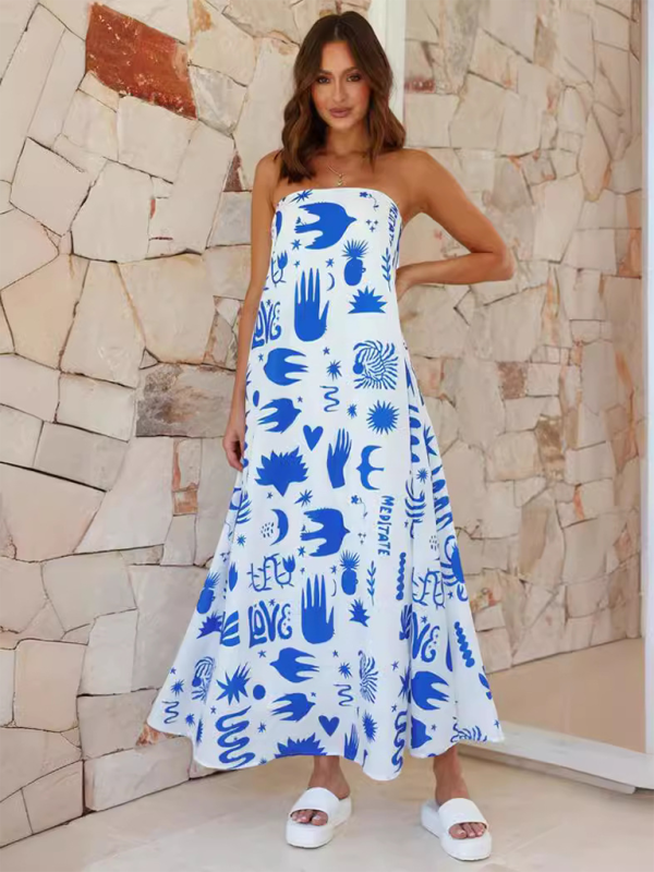 Stella - Tropical Print Strapless Maxi Dress with Flowy Design