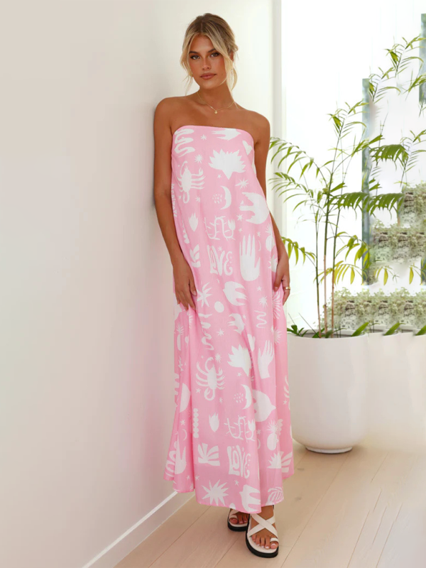 Stella - Tropical Print Strapless Maxi Dress with Flowy Design